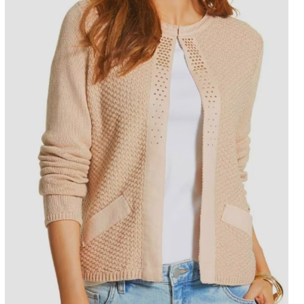 CHICO'S Pink Sweater Cardigan ROSE GOLD STUDDED Evelyn Shine EMBELLISHED sz S/0